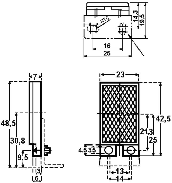 Поляризованный рефлектор (42,5x23 мм) - габаритная схема