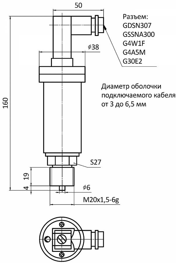 Общий вид, габаритные и присоединительные размеры преобразователя КРТ-5М