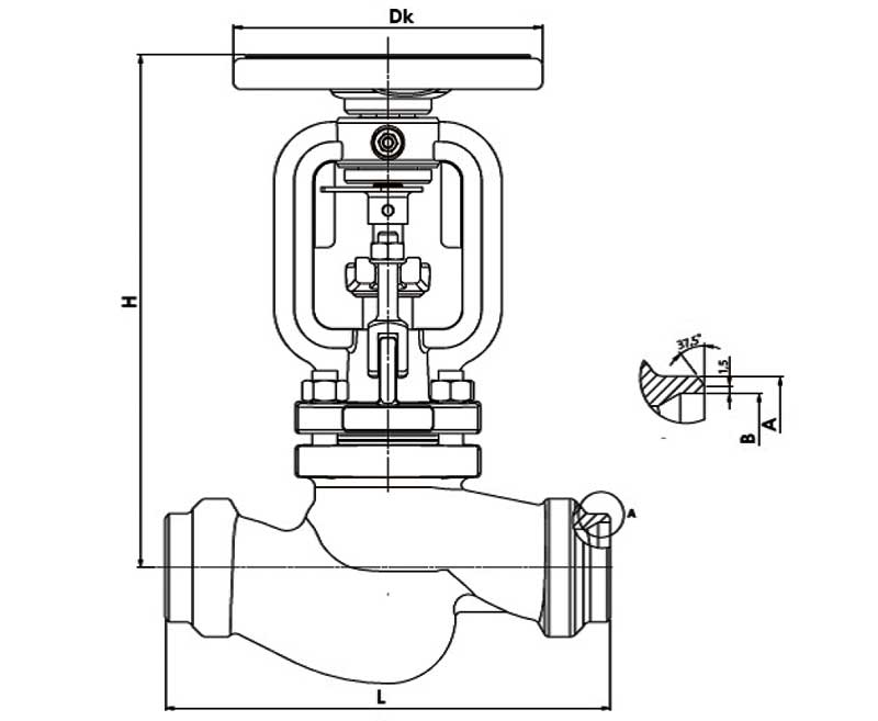 Габаритная схема вентиля запорного под приварку ZETKAMA 217F