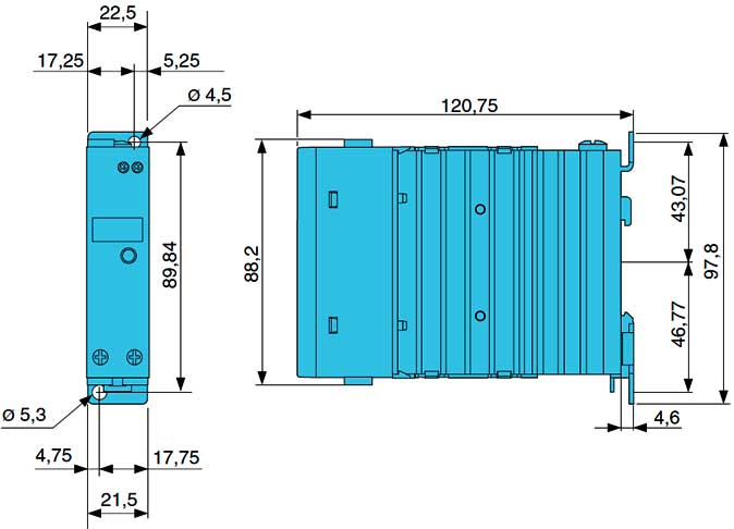Габаритная схема твердотельных реле 30А однофазные (со встроенным радиатором)